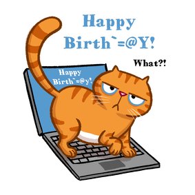 Verjaardagskaart boze kat loopt over laptop