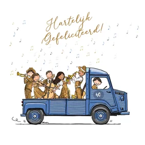 Verjaardagskaart bus met orkest