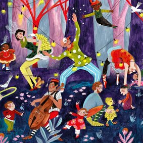 Verjaardagskaart circus & muziek in het bos