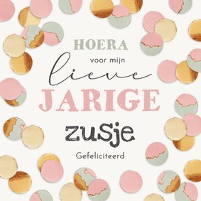 Verjaardagskaart confetti zusje jarig pastel roze groen