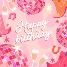 Verjaardagskaart cowboyboots en discoballen roze