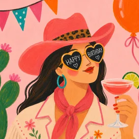 Verjaardagskaart cowgirl met cocktail