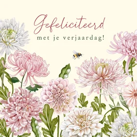 Verjaardagskaart dahliabloemen roze en wit