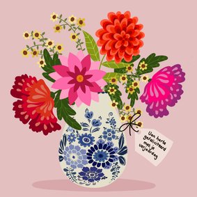 Verjaardagskaart - Delfts blauwe vaas met bloemen