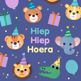 Verjaardagskaart dieren, ballonnen en confetti