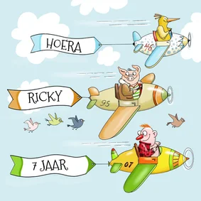 Verjaardagskaart dieren in vliegtuigjes voor de jarige
