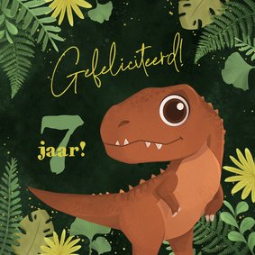 Verjaardagskaart dino t-rex jungle bladeren stoer