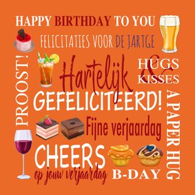 Verjaardagskaart div. drankjes, gebakjes en teksten