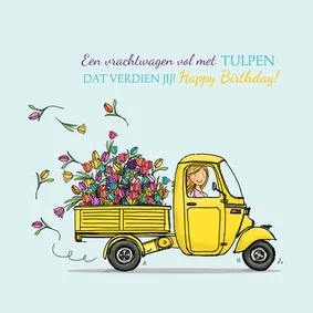 Verjaardagskaart driewieler met tulpen