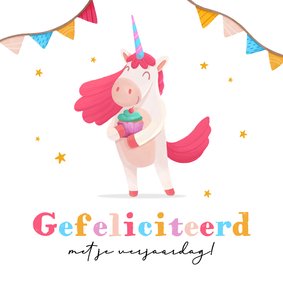 Verjaardagskaart eenhoorn meisje feestelijk slingers taart