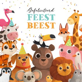 Verjaardagskaart feestbeest dieren feestje confetti