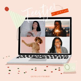 Verjaardagskaart feestje op afstand met laptop en feesthoed