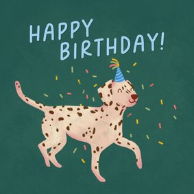 Verjaardagskaart felicitatie hond met feestmuts confetti