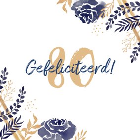 Verjaardagskaart felicitatie stijlvol bloemen blauw goud 