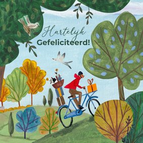 Verjaardagskaart fietsen in de natuur met cadeaus en wijn