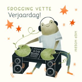 Verjaardagskaart frogging vette verjaardag kikker DJ