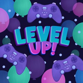 Verjaardagskaart gamers level up gefeliciteerd ballonnen