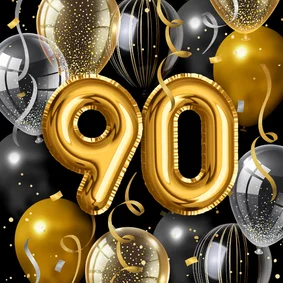 Verjaardagskaart gouden zilveren ballonnen 90 jaar