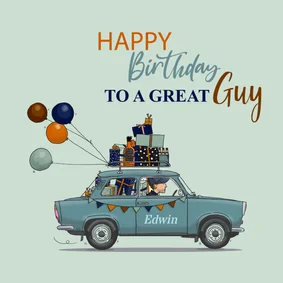 Verjaardagskaart grappige auto met kadootjes