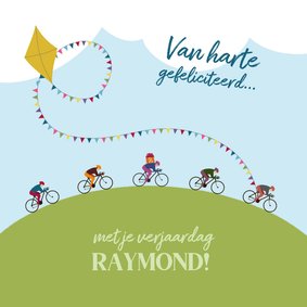 Verjaardagskaart - Groep wielrenners met slingers