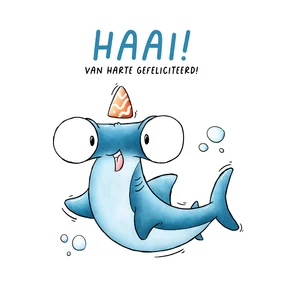 Verjaardagskaart hamerhaai met feesthoedje "Haai!"