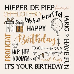 Verjaardagskaart handlettering beige en koper