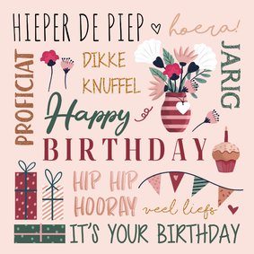 Verjaardagskaart handlettering met bloemen