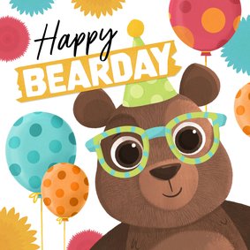 Verjaardagskaart happy bearday humor beer feest ballonnen