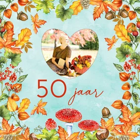 Verjaardagskaart herfstblad met paddestoelen