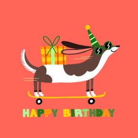 Verjaardagskaart hippe teckel op skateboard rood