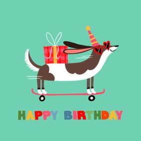 Verjaardagskaart hippe teckel op skateboard roze