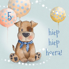 Verjaardagskaart hond en ballonnen