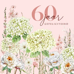 Verjaardagskaart hortensia's en rozen in de tuin