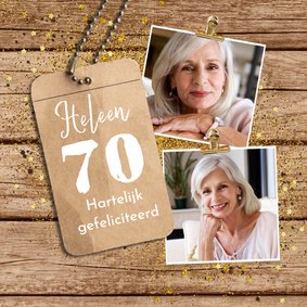 Verjaardagskaart hout label confetti goud foto's stijlvol