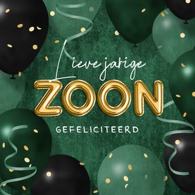 Verjaardagskaart jarige zoon ballonnen confetti slingers