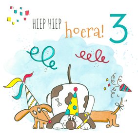Verjaardagskaart - jongen hondjes met feestmuts
