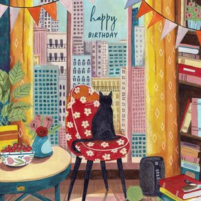 Verjaardagskaart kat voor het raam in New York