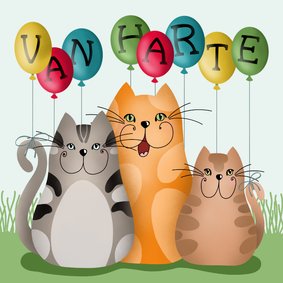 Verjaardagskaart - katten met ballonnen