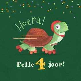 Verjaardagskaart kind 4 jaar schildpad confetti humor