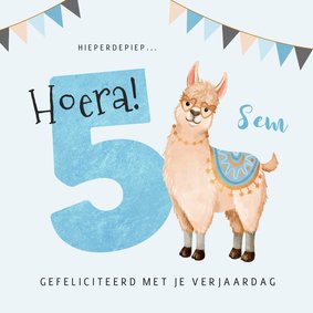 Verjaardagskaart kind 5 jaar alpaca slingers