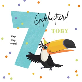 Verjaardagskaart kind 7 jaar toekan vogel confetti