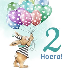 Verjaardagskaart kind leeftijd met konijn en ballonnen
