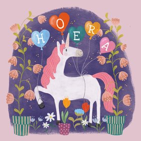 Verjaardagskaart kind met unicorn, balonnen en bloemen!