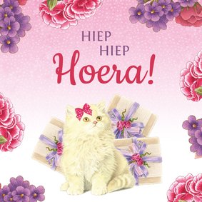 Verjaardagskaart Kitten met cadeautjes hoera