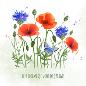 Verjaardagskaart klaprozen korenbloemen vlinder