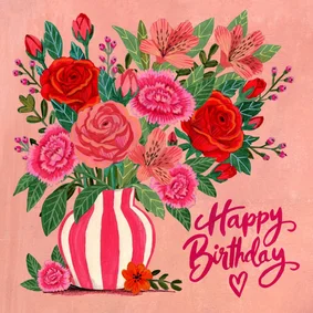 Verjaardagskaart kleurrijke rode en roze bloemen op vaas