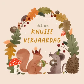 Verjaardagskaart knusse verjaardag herfst dieren elementen