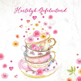Verjaardagskaart kopjes bloemen en hartjes