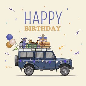 Verjaardagskaart Landrover blauw met vlaggetjes