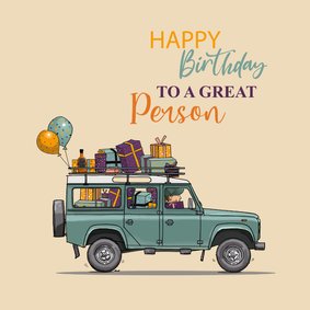 Verjaardagskaart landrover met pakjes 